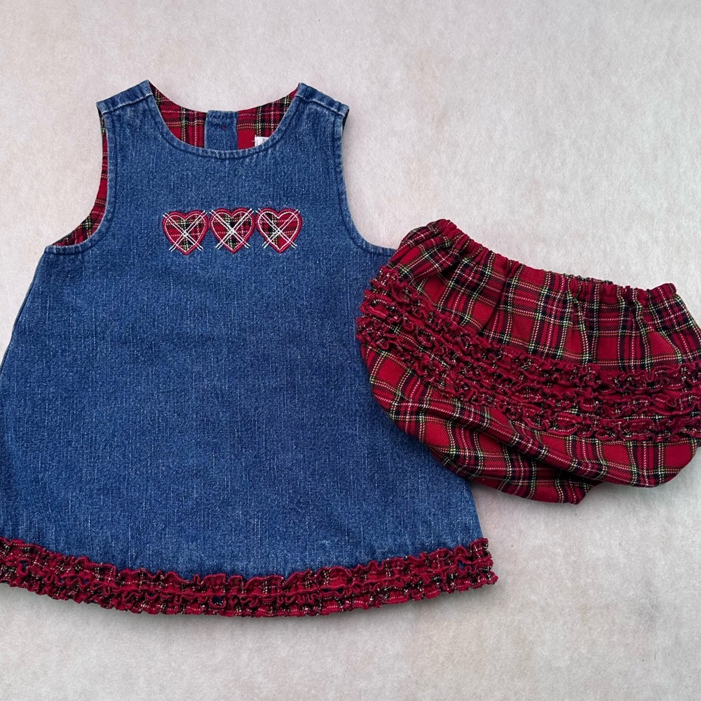 Vintage The Children’s Place Denim Dress with Red Plaid Bloomers  3/6 months